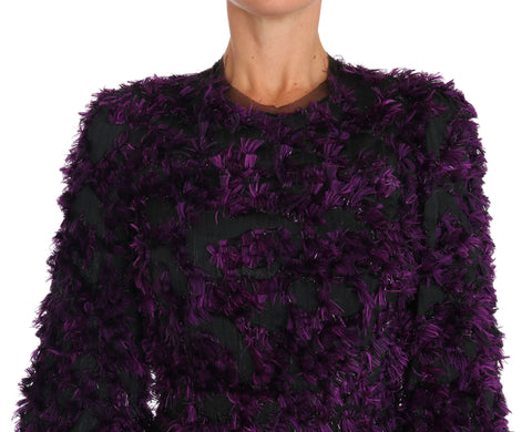 Purple fringe midi sheath dress by Dolce & Gabbana, featuring flowing fringe details and a sleek fitted silhouette.