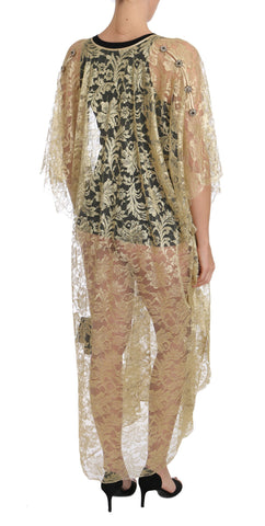 Gold Floral Lace Crystal Gown Cape Dress