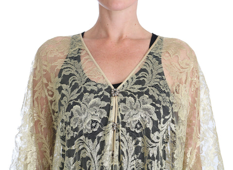 Gold Floral Lace Crystal Gown Cape Dress