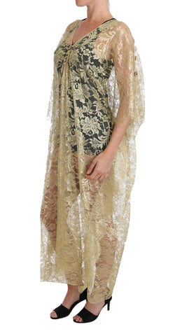 Gold Floral Lace Crystal Gown Cape Dress