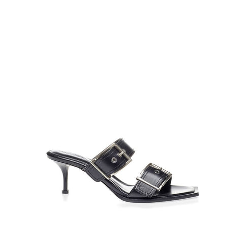Black Leather Stiletto Heel Sandals