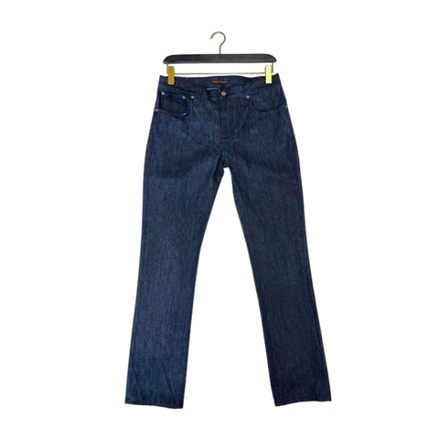 Nudie Jeans NJ3277 ThinFinn in Blue Navy, slim fit denim jeans from Jag Couture London and New York, displayed on a plain background.