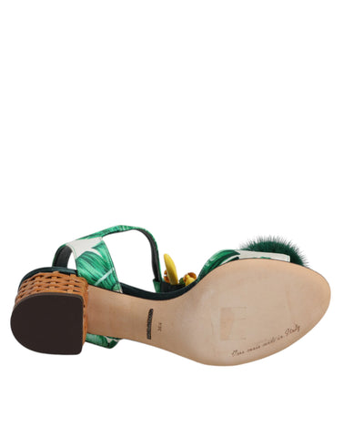 Green Crystal Fur Embellished Sandals Shoes