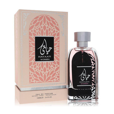 Lattafa Al Hayaati women’s Eau De Parfum spray in 100ml bottle, featuring elegant packaging and floral fragrance.
