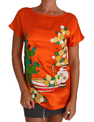 Silk orange lemon crystal T-shirt top by Dolce & Gabbana, featuring vibrant citrus print and decorative crystal accents.