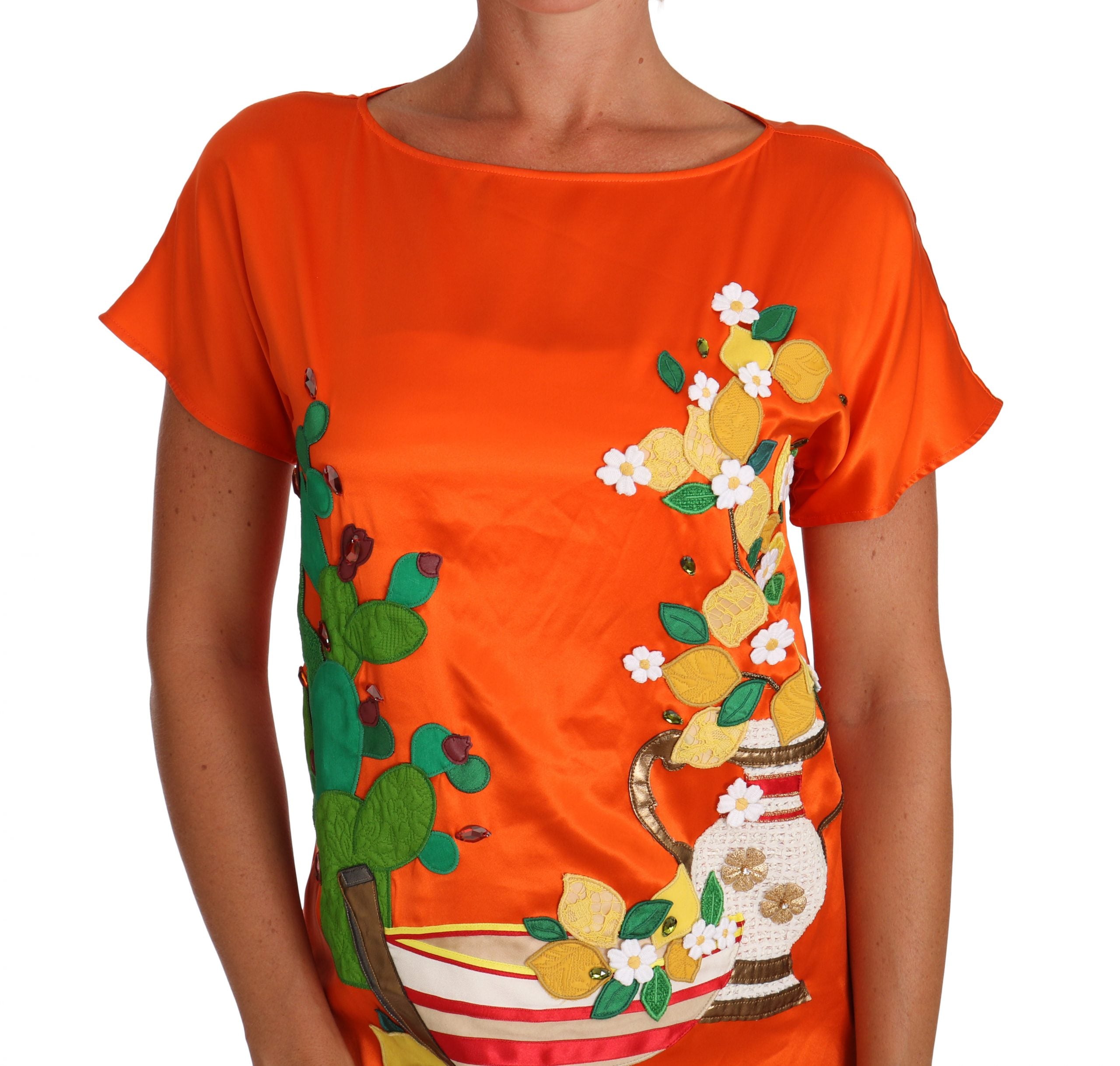 Silk orange lemon crystal T-shirt top by Dolce & Gabbana with vibrant citrus print and sparkling embellishments.