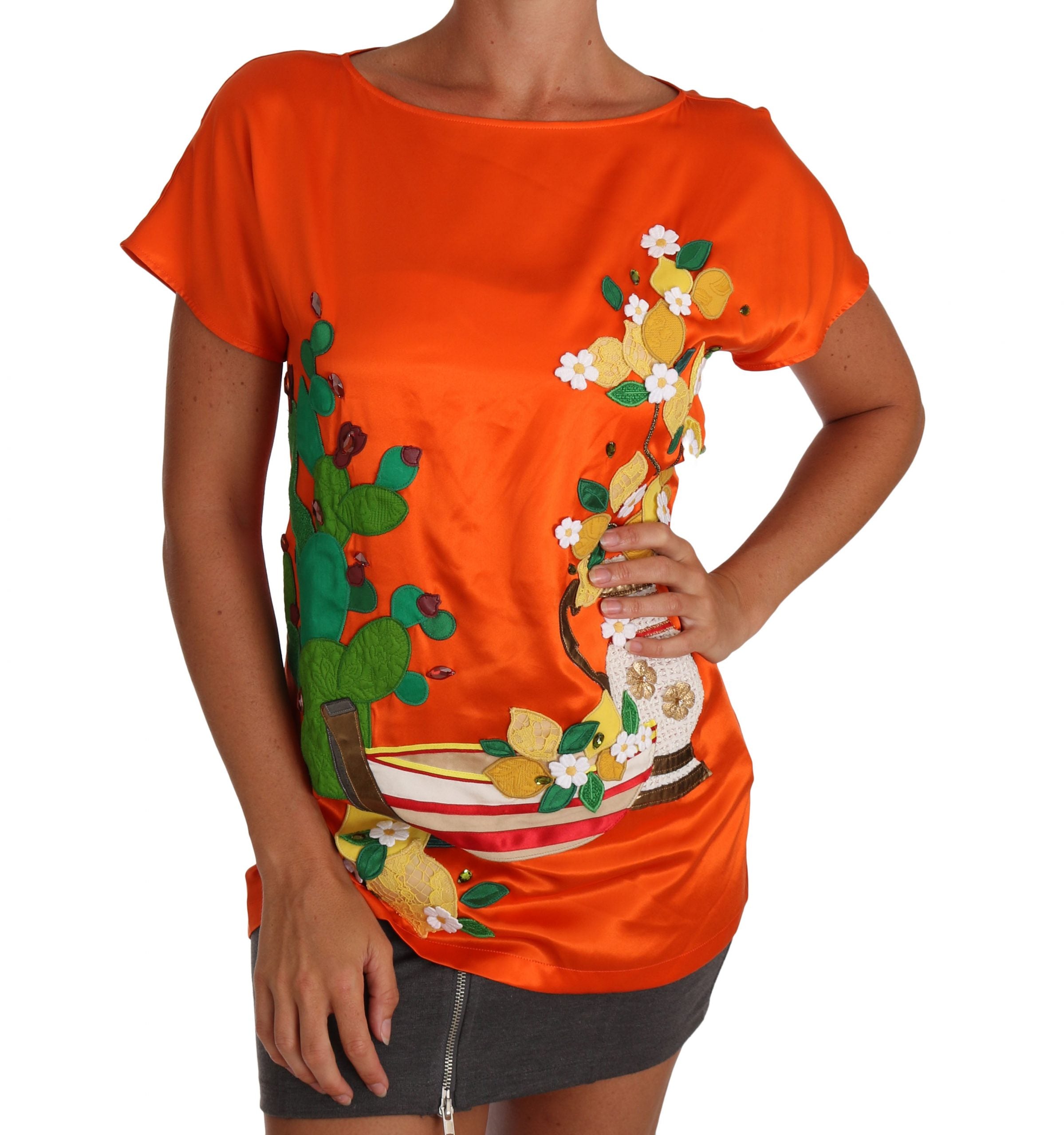 Silk orange Lemon crystal T-shirt top by Dolce & Gabbana with lemon and crystal embellishments, casual stylish apparel.