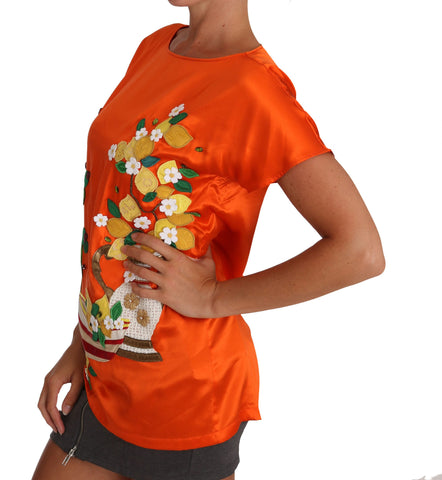 Silk orange lemon crystal T-shirt top by Dolce & Gabbana featuring vibrant fruit print and sparkling crystal accents.