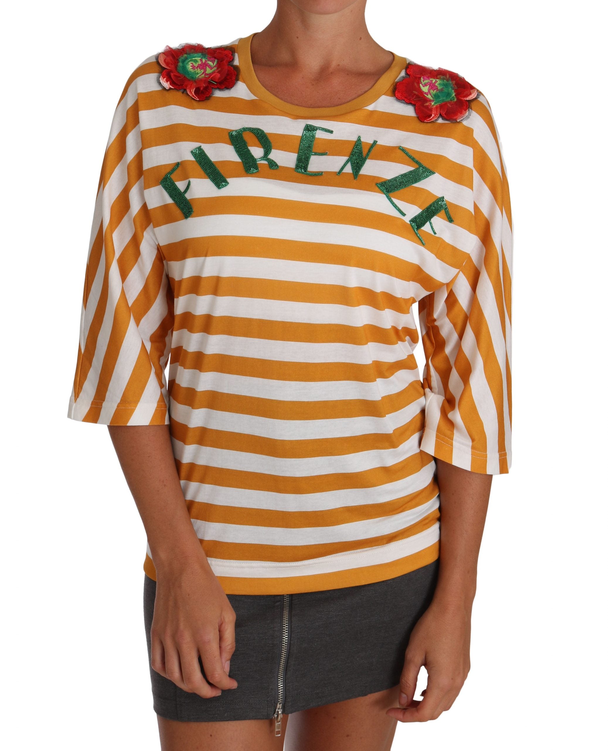 White orange FIRENZE Dolce & Gabbana top T-shirt with vibrant print and casual fit, shown on a plain background.