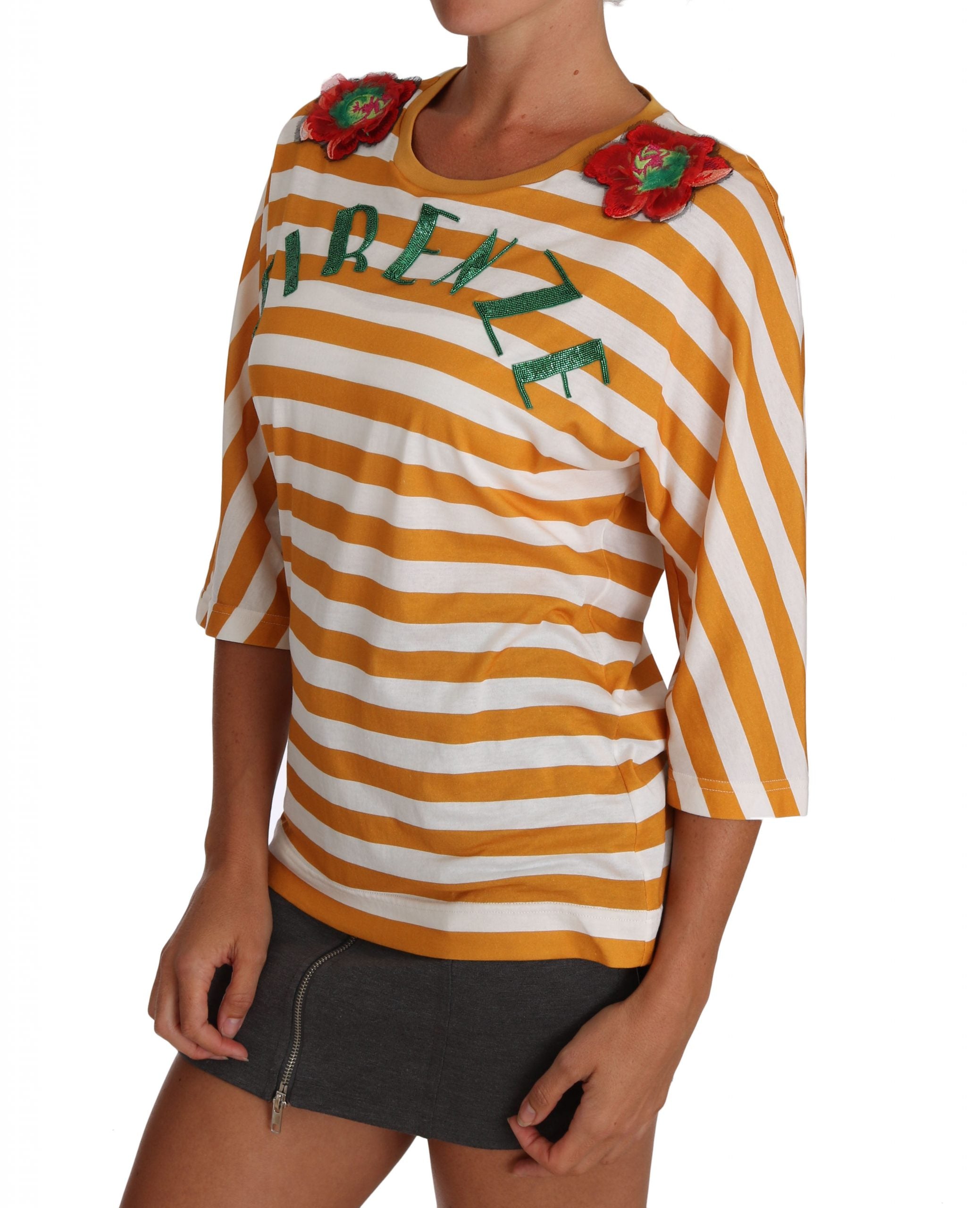 White Orange Firenze Dolce & Gabbana T-shirt with bold print and short sleeves, front view.