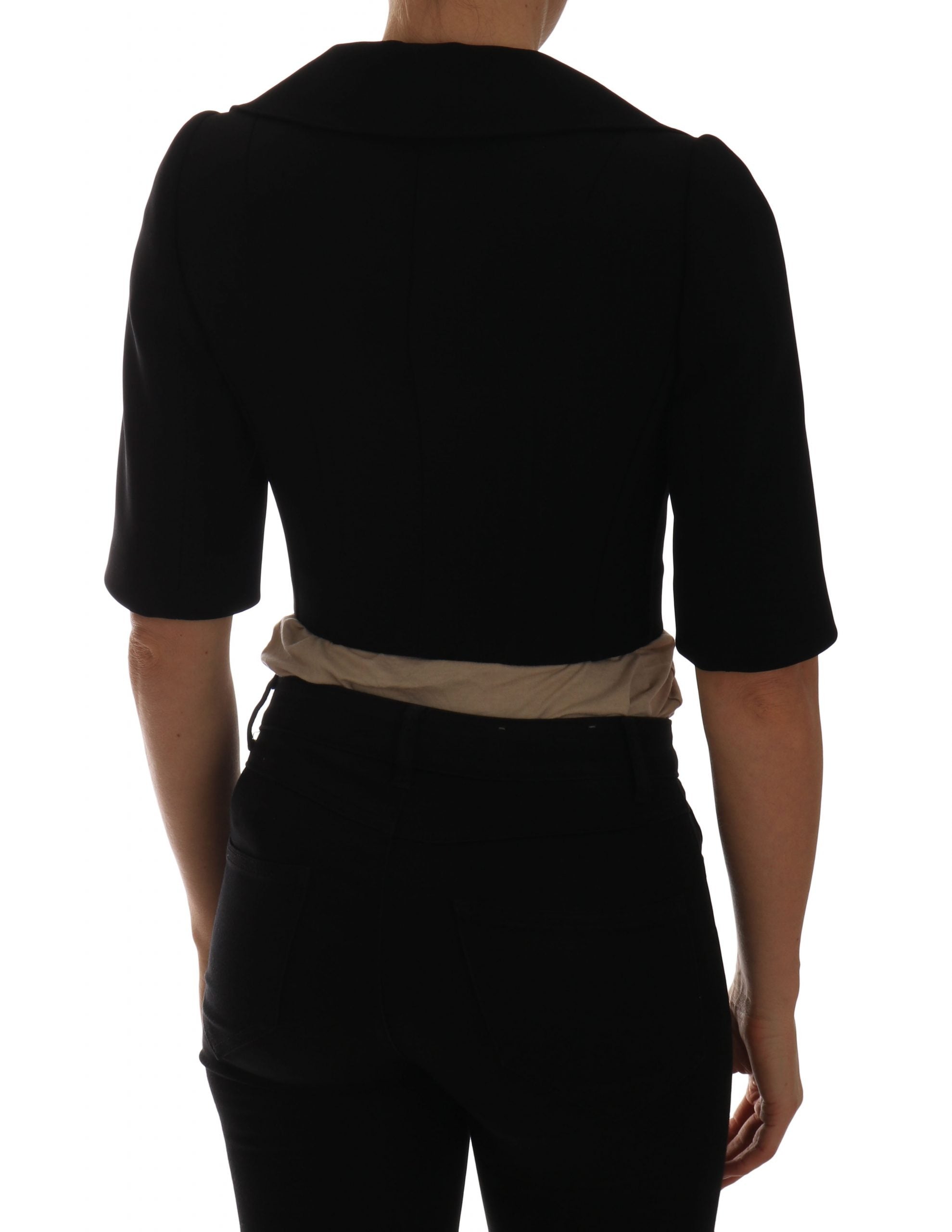 Black short cropped blazer jacket by Dolce & Gabbana, tailored fit with sleek design and structured collar.