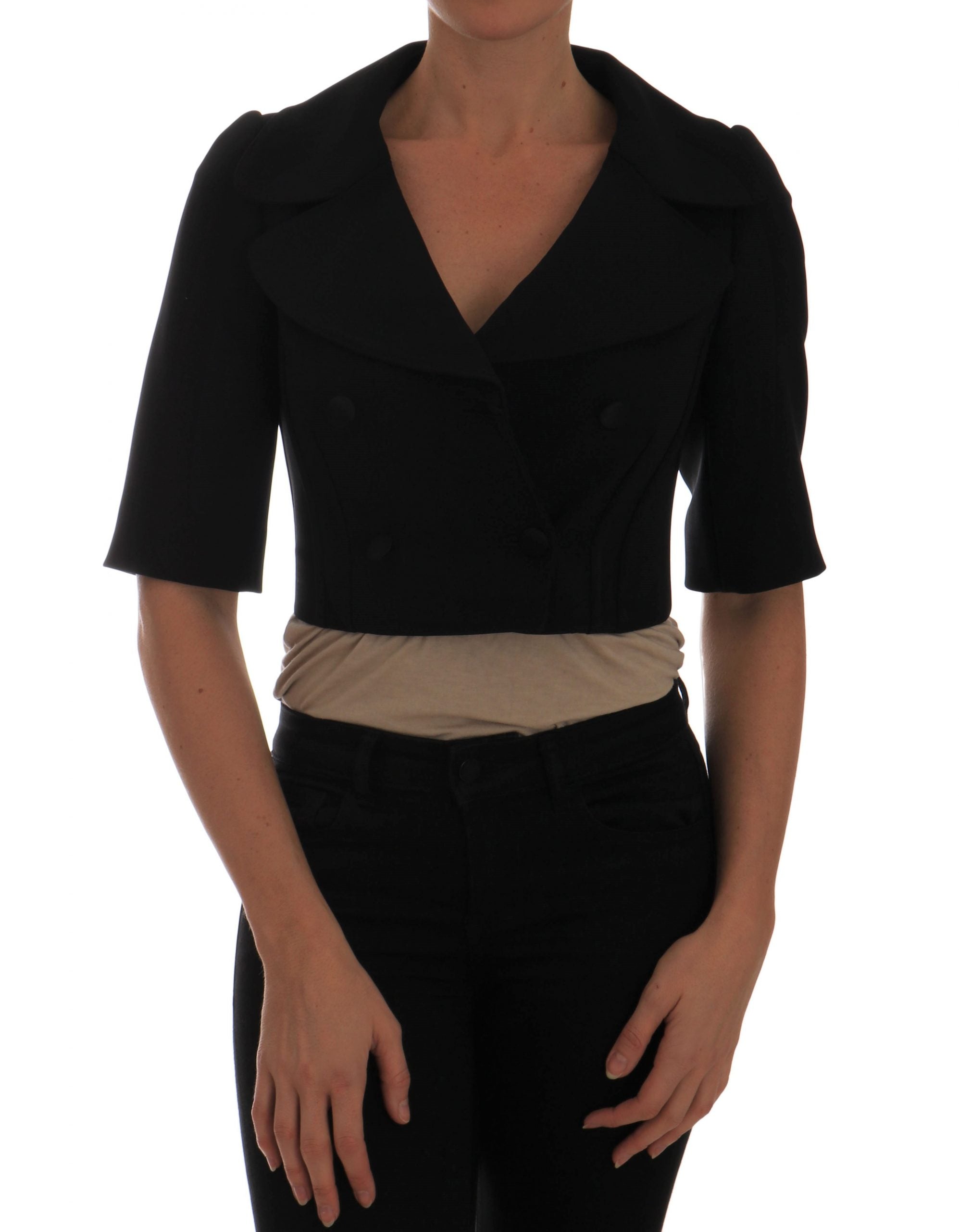 Black short cropped blazer jacket by Dolce & Gabbana, tailored fit with lapel collar and stylish design.