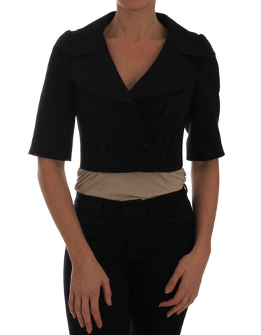 Black short cropped blazer jacket by Dolce & Gabbana, tailored fit with lapel collar and stylish design.