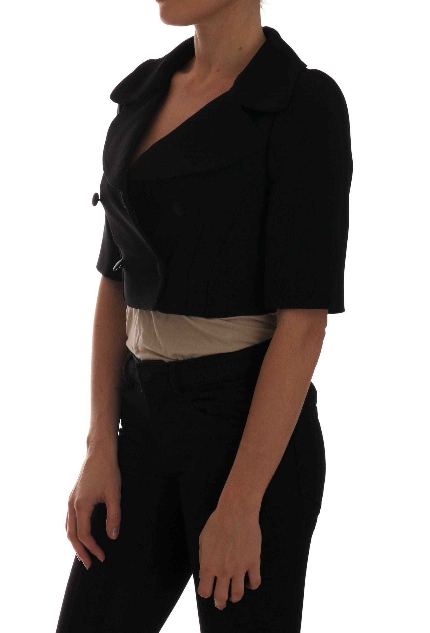 Black cropped blazer jacket by Dolce & Gabbana, tailored fit with short length and stylish lapel collar.