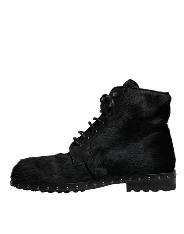 Black Pony Style Leather Mid Calf Boots Shoes
