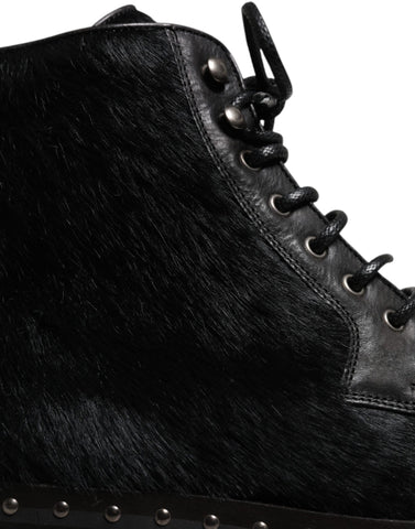 Black Pony Style Leather Mid Calf Boots Shoes