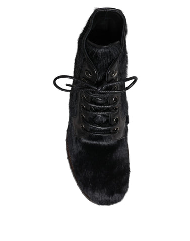Black Pony Style Leather Mid Calf Boots Shoes