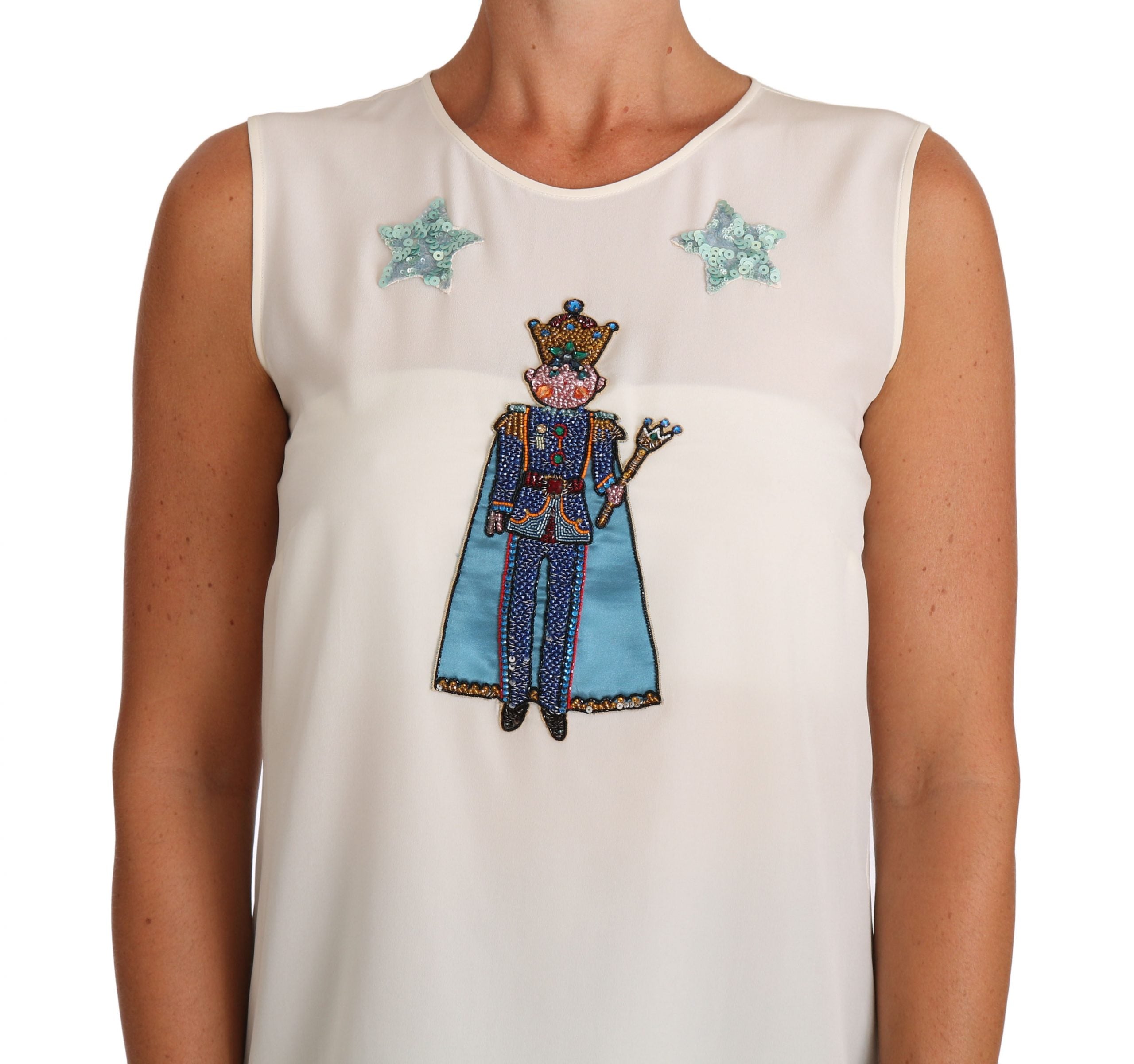 White silk fairy T-shirt with crystal sequins by Dolce & Gabbana, featuring a delicate fairy graphic and elegant design.