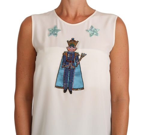 White silk fairy T-shirt with crystal sequins by Dolce & Gabbana, featuring a delicate fairy graphic and elegant design.