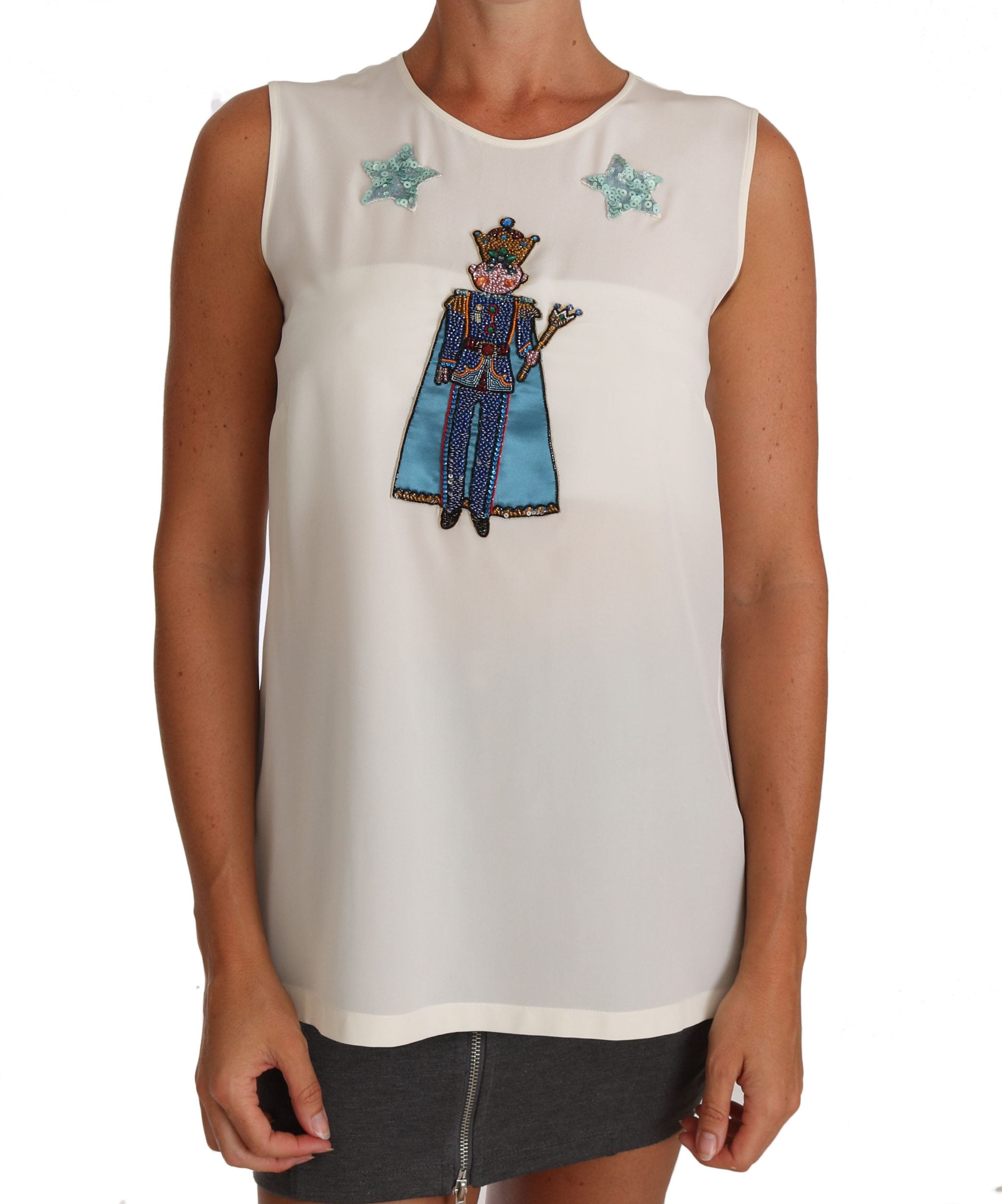 White silk T-shirt with crystal sequined fairy design from Dolce & Gabbana, featuring a relaxed fit and elegant detailing.