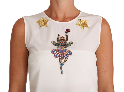 White silk fairy top with crystal embellishments and sequin details from Dolce & Gabbana, featuring intricate embroidery and a feminine fit.