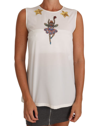White silk fairy top with crystal and sequin embellishments by Dolce & Gabbana, featuring a delicate, elegant design.