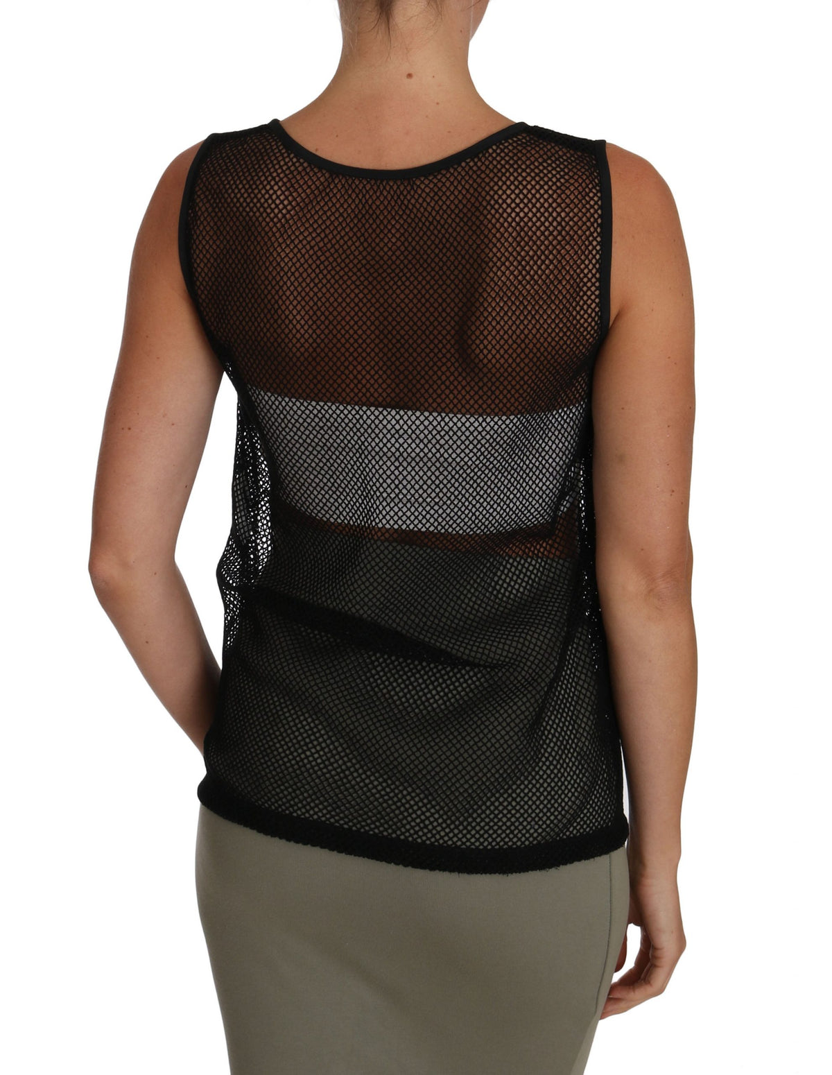 Black mesh transparent blouse T-shirt by Dolce & Gabbana with long sleeves and sheer fabric, stylish and lightweight.