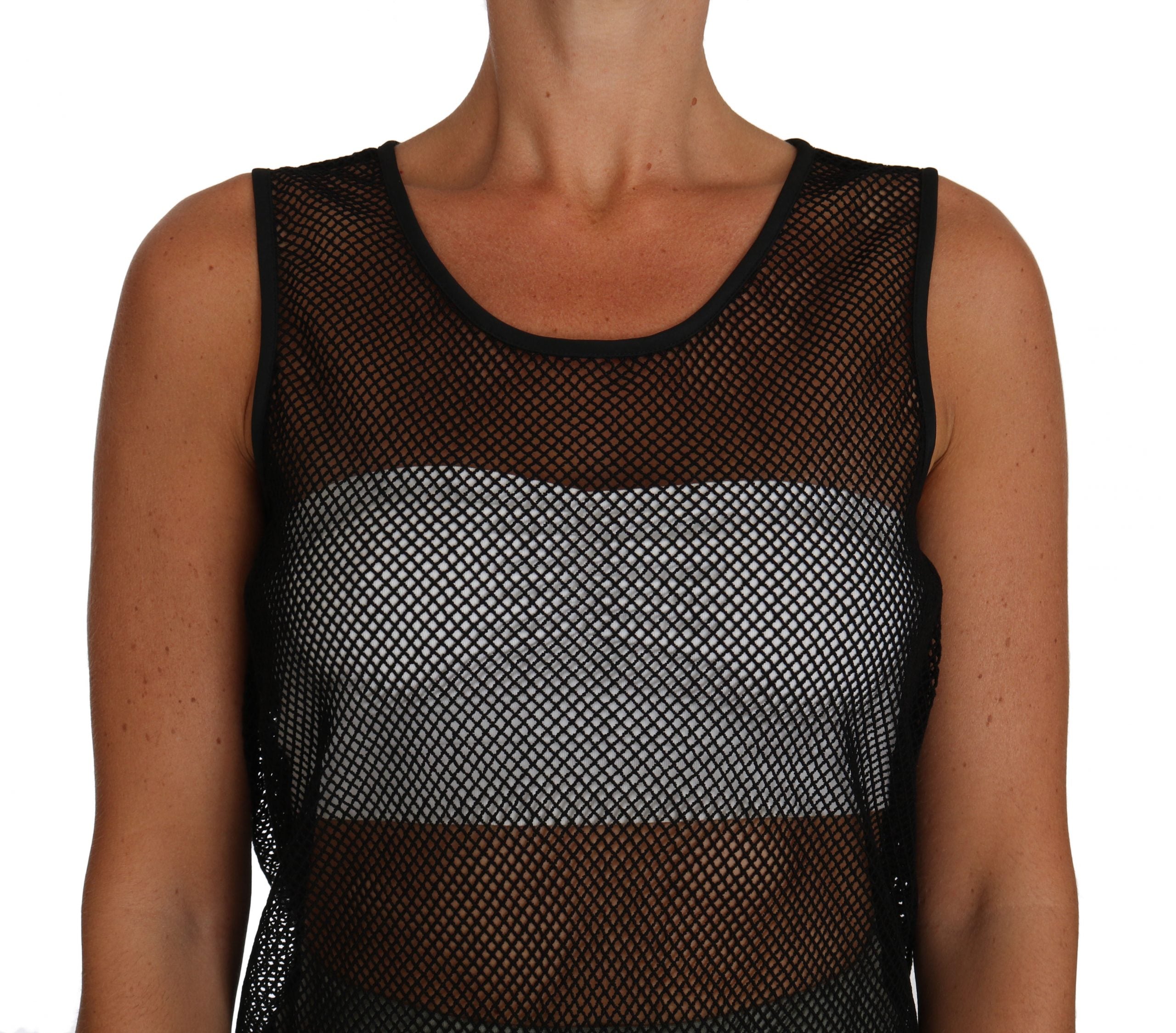 Black mesh transparent blouse T-shirt by Dolce & Gabbana featuring sheer fabric and a casual fit.