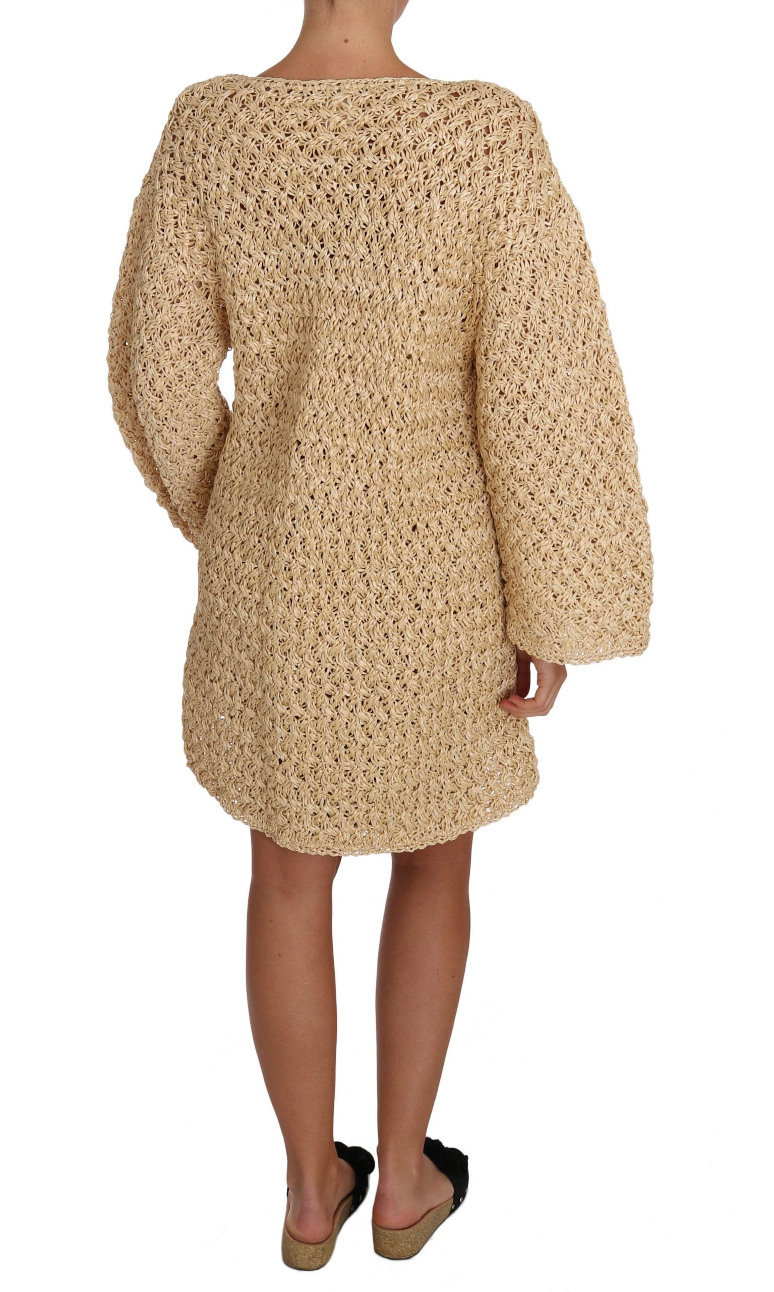 Beige crochet knitted Raffia sweater cardigan by Dolce & Gabbana, featuring a textured knit and relaxed fit.