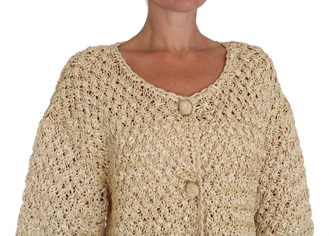 Beige crochet knitted raffia cardigan sweater by Dolce & Gabbana, showing detailed texture and relaxed fit.