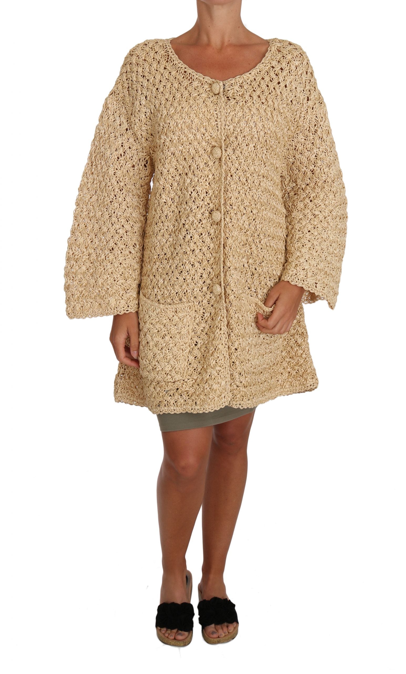 Beige crochet knitted Raffia sweater cardigan by Dolce & Gabbana, showing detailed knit texture and relaxed fit.