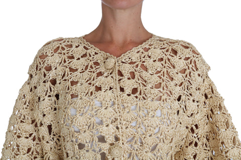 Beige crochet knitted cardigan with raffia accents by Dolce & Gabbana, featuring a relaxed fit and textured knit design.
