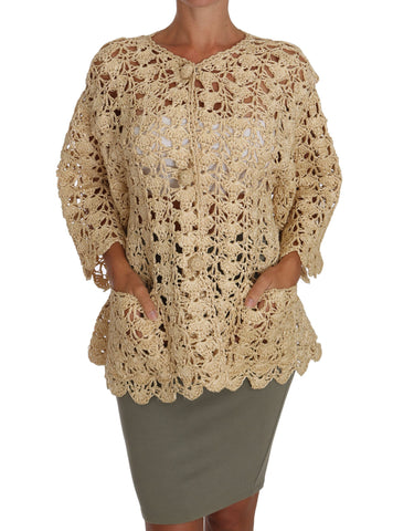 Beige crochet knitted cardigan sweater with raffia accents by Dolce & Gabbana, featuring a textured, stylish design.