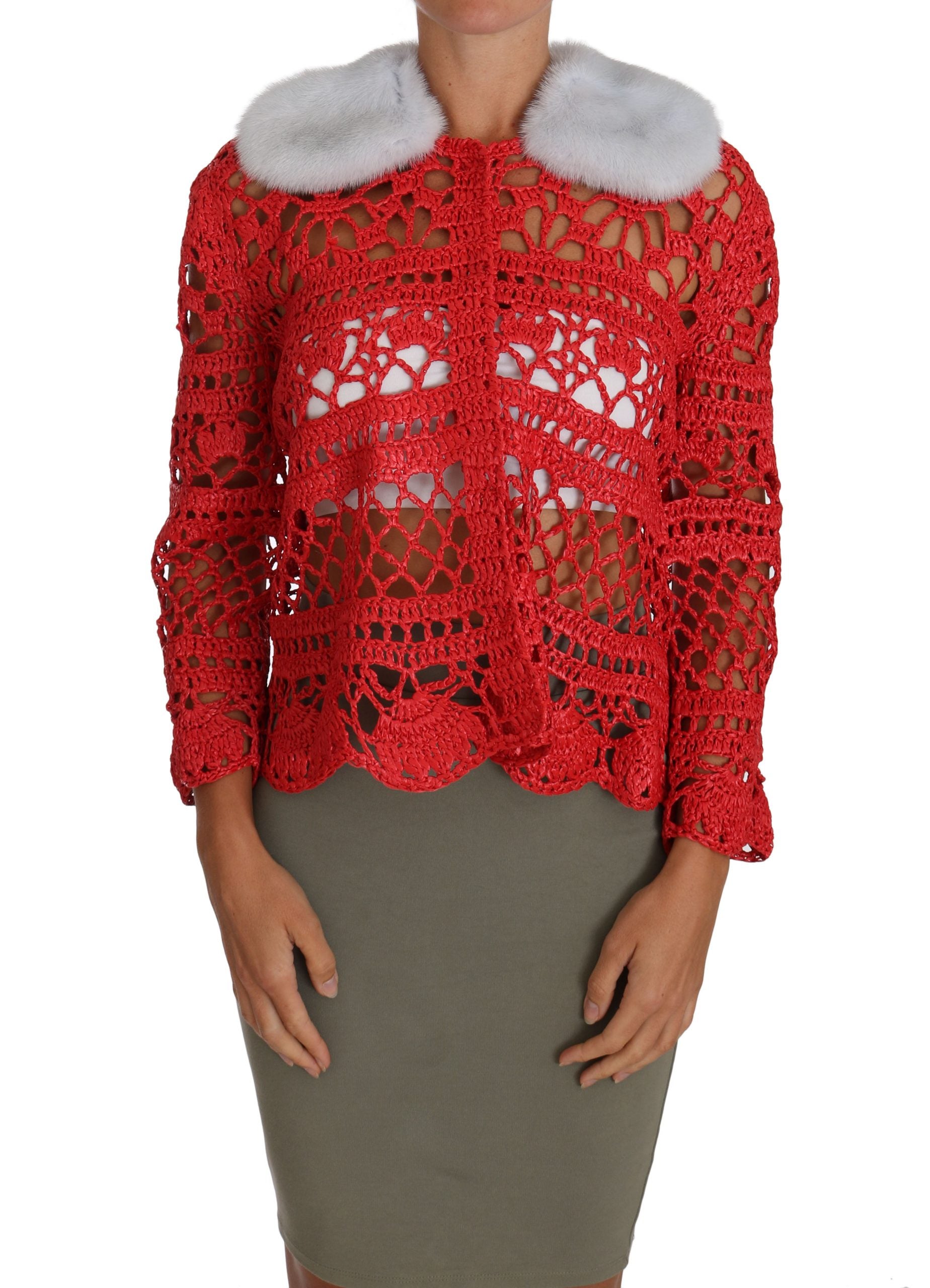 Red crochet knit cardigan sweater with raffia accents by Dolce & Gabbana, featuring textured knit and stylish design.