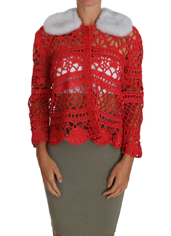 Red crochet knit cardigan sweater with raffia accents by Dolce & Gabbana, featuring textured knit and stylish design.