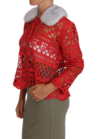 Red crochet knit cardigan sweater with raffia accents from Dolce & Gabbana, featuring textured knit fabric and a relaxed fit.