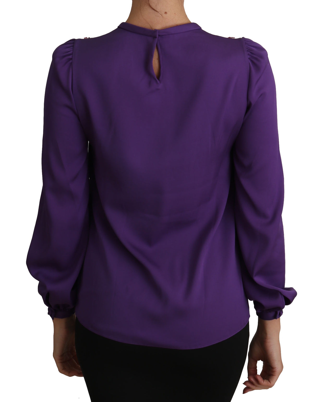 Purple Dolce & Gabbana blouse with fairy tale embellishments, featuring intricate embroidery and a stylish, flowy design.