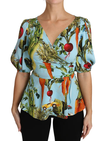 Multicolor vegetable print silk peplum wrap blouse by Dolce & Gabbana, featuring vibrant vegetable patterns and elegant design.