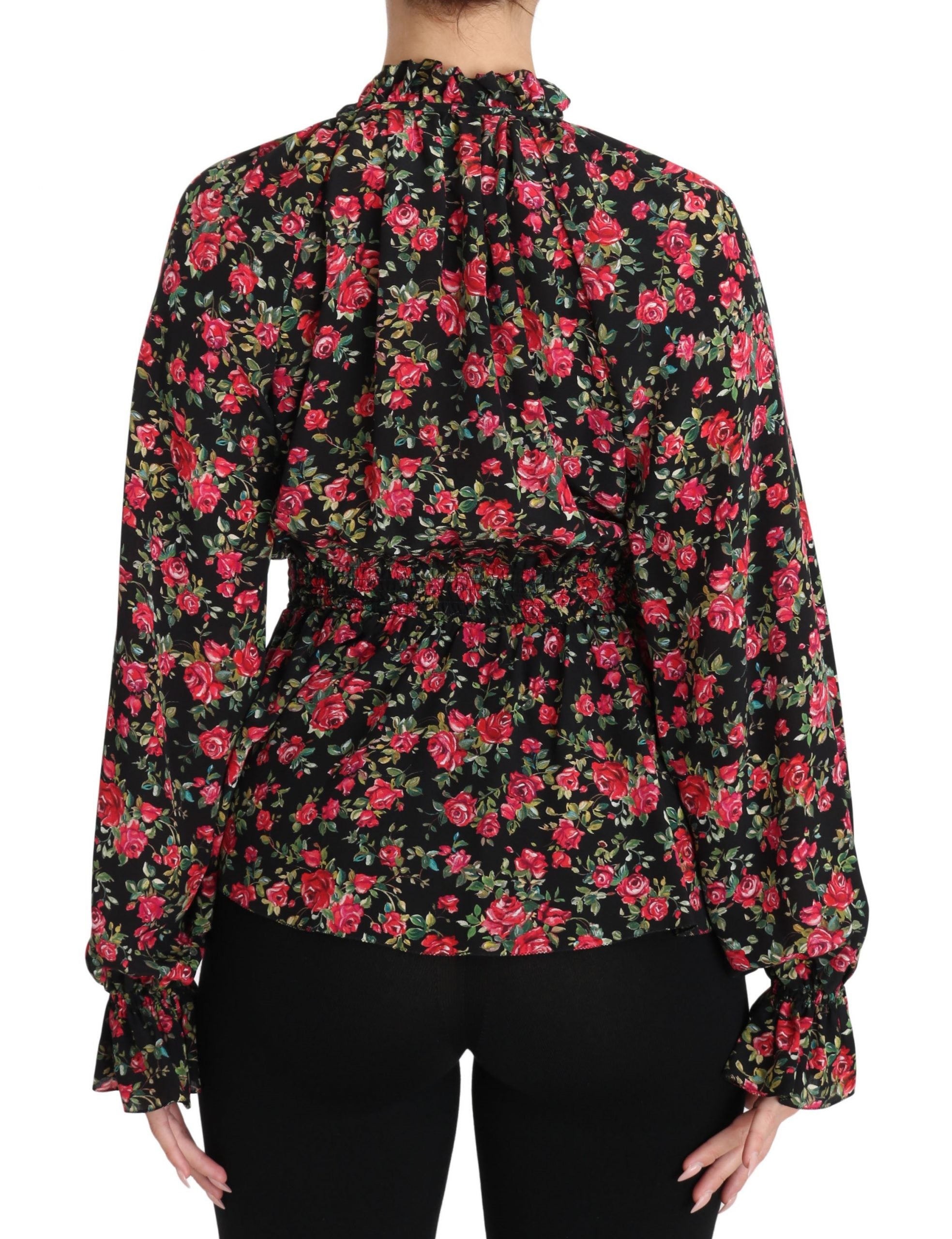 Black floral shirt top with rose print from Dolce & Gabbana, featuring a stylish blouse design and vibrant flower pattern.