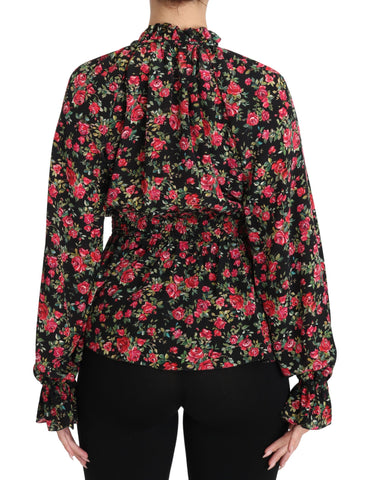 Black floral shirt top with rose print from Dolce & Gabbana, featuring a stylish blouse design and vibrant flower pattern.