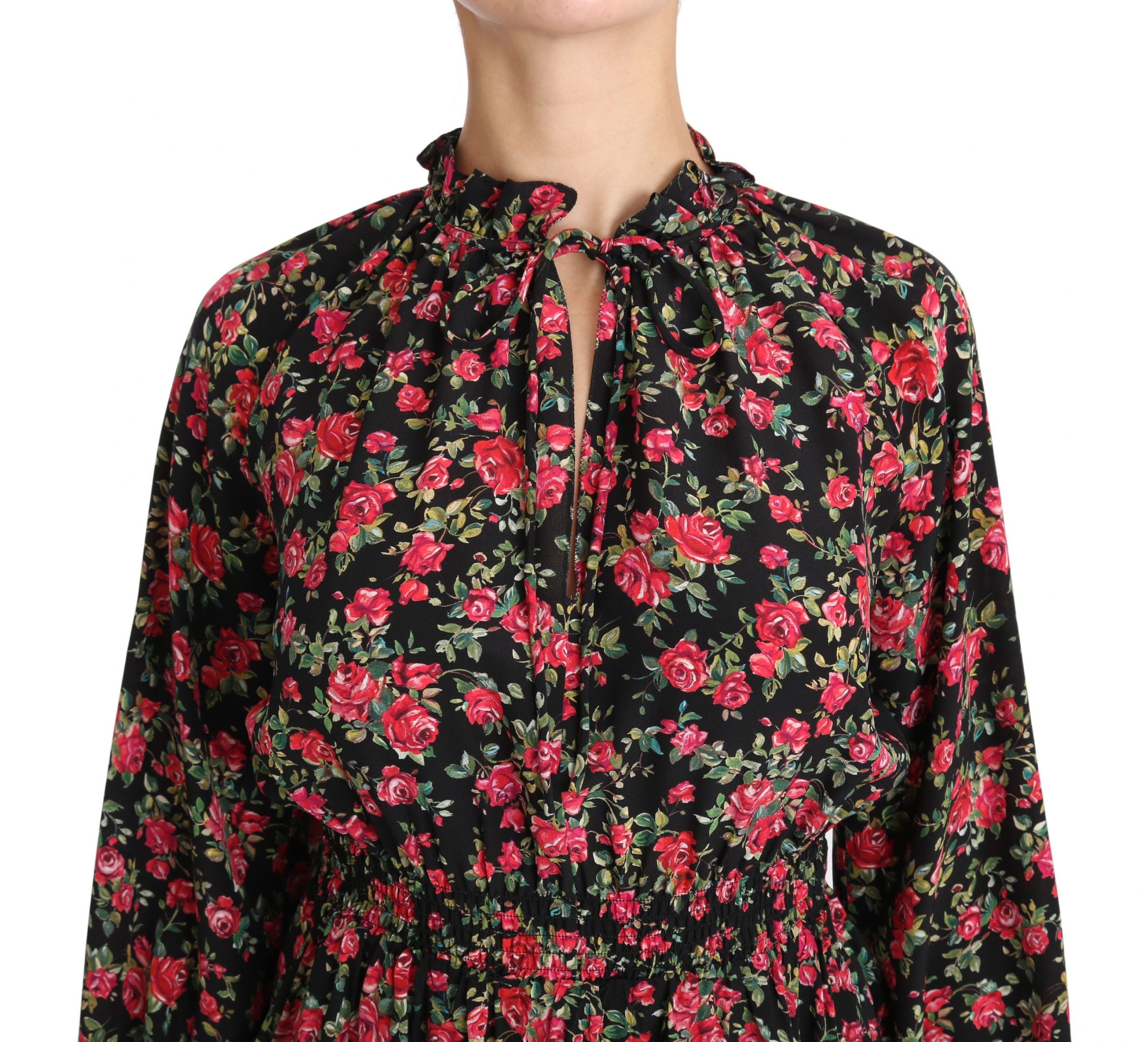 Black floral blouse with rose print from Dolce & Gabbana, featuring a stylish shirt top design and elegant long sleeves.