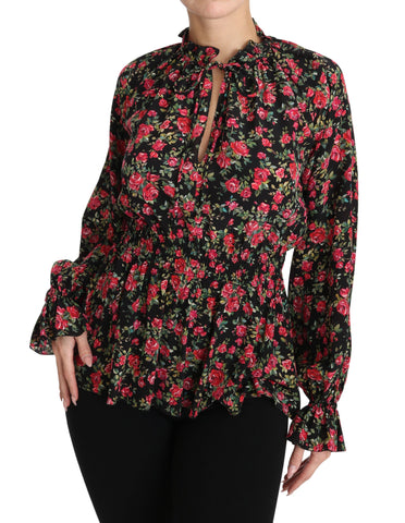 Black floral shirt top with rose print from Dolce & Gabbana, featuring a stylish blouse design and long sleeves.