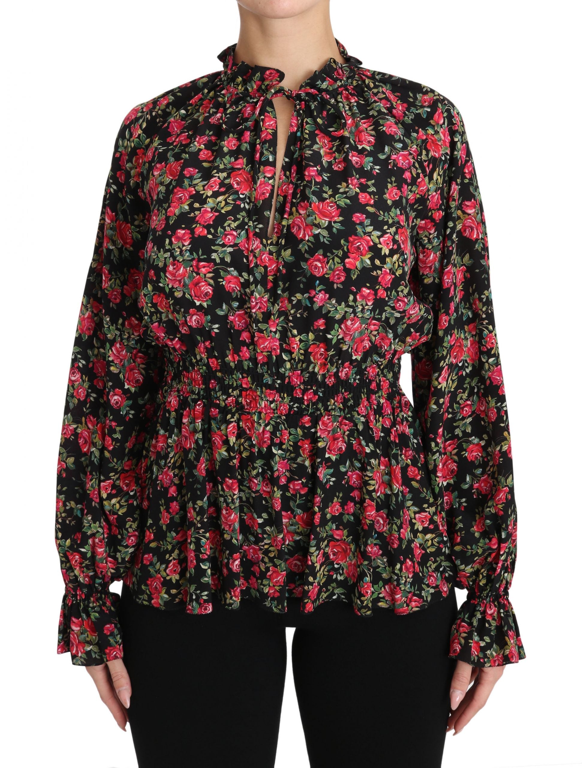 Black floral blouse with rose print from Dolce & Gabbana, featuring a stylish shirt top design and elegant fabric.