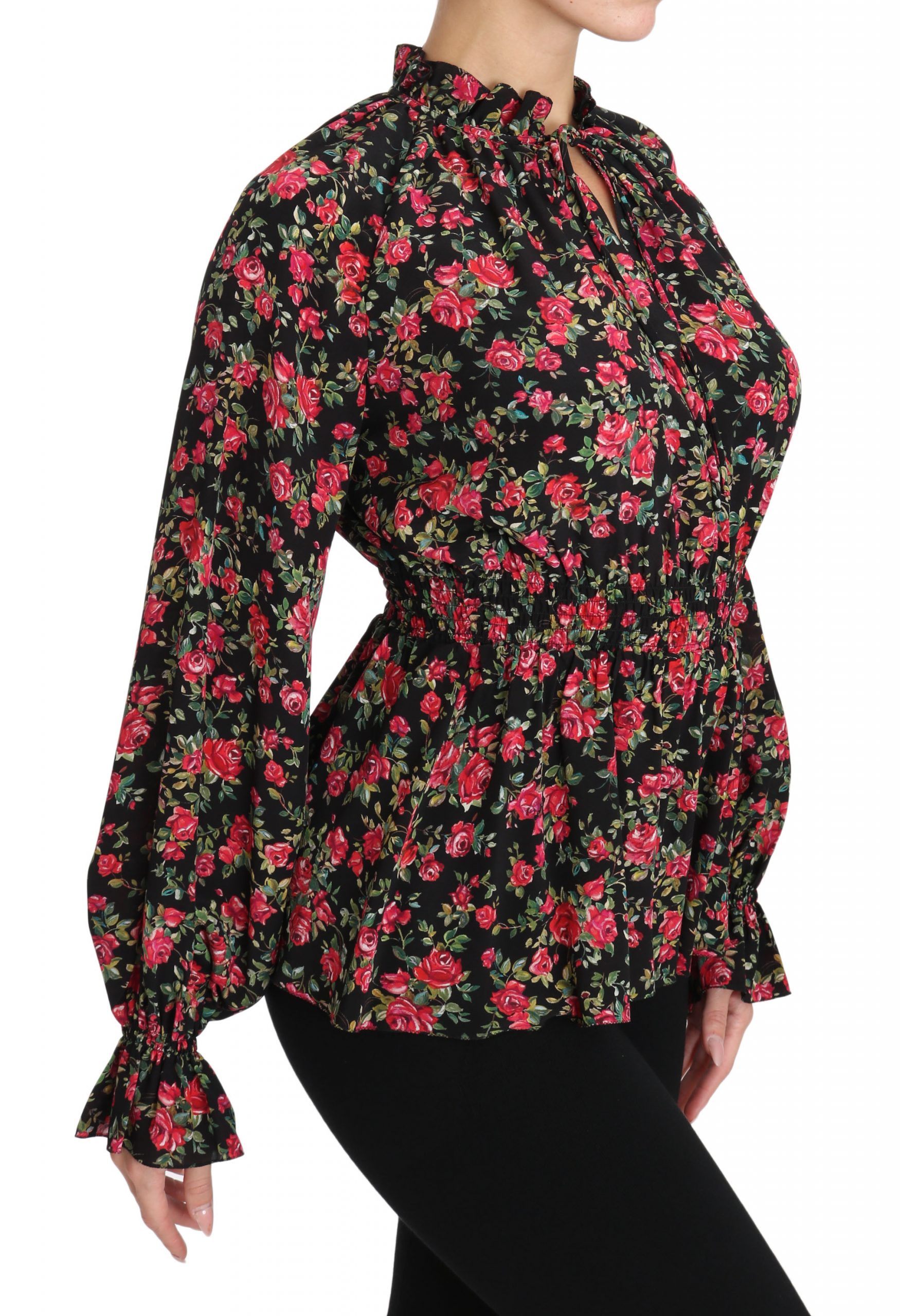 Black floral shirt top with rose print by Dolce & Gabbana, featuring a stylish blouse design and vibrant flower pattern.
