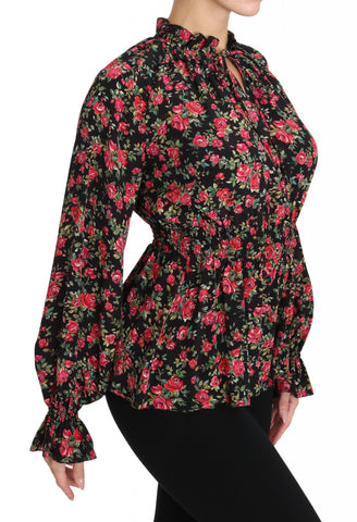 Black floral shirt top with rose print by Dolce & Gabbana, featuring a stylish blouse design and vibrant flower pattern.