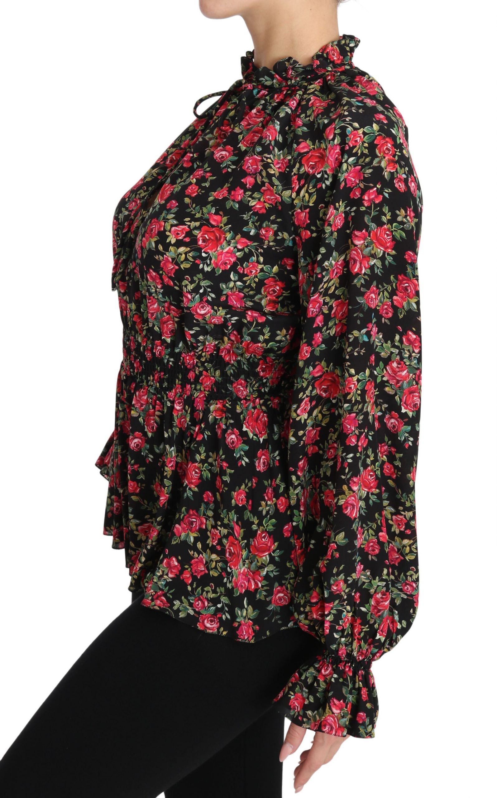 Black floral shirt top with rose print by Dolce & Gabbana, featuring a stylish blouse design and vibrant botanical pattern.