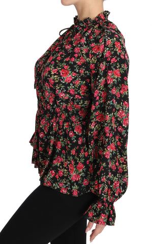 Black floral shirt top with rose print by Dolce & Gabbana, featuring a stylish blouse design and vibrant botanical pattern.