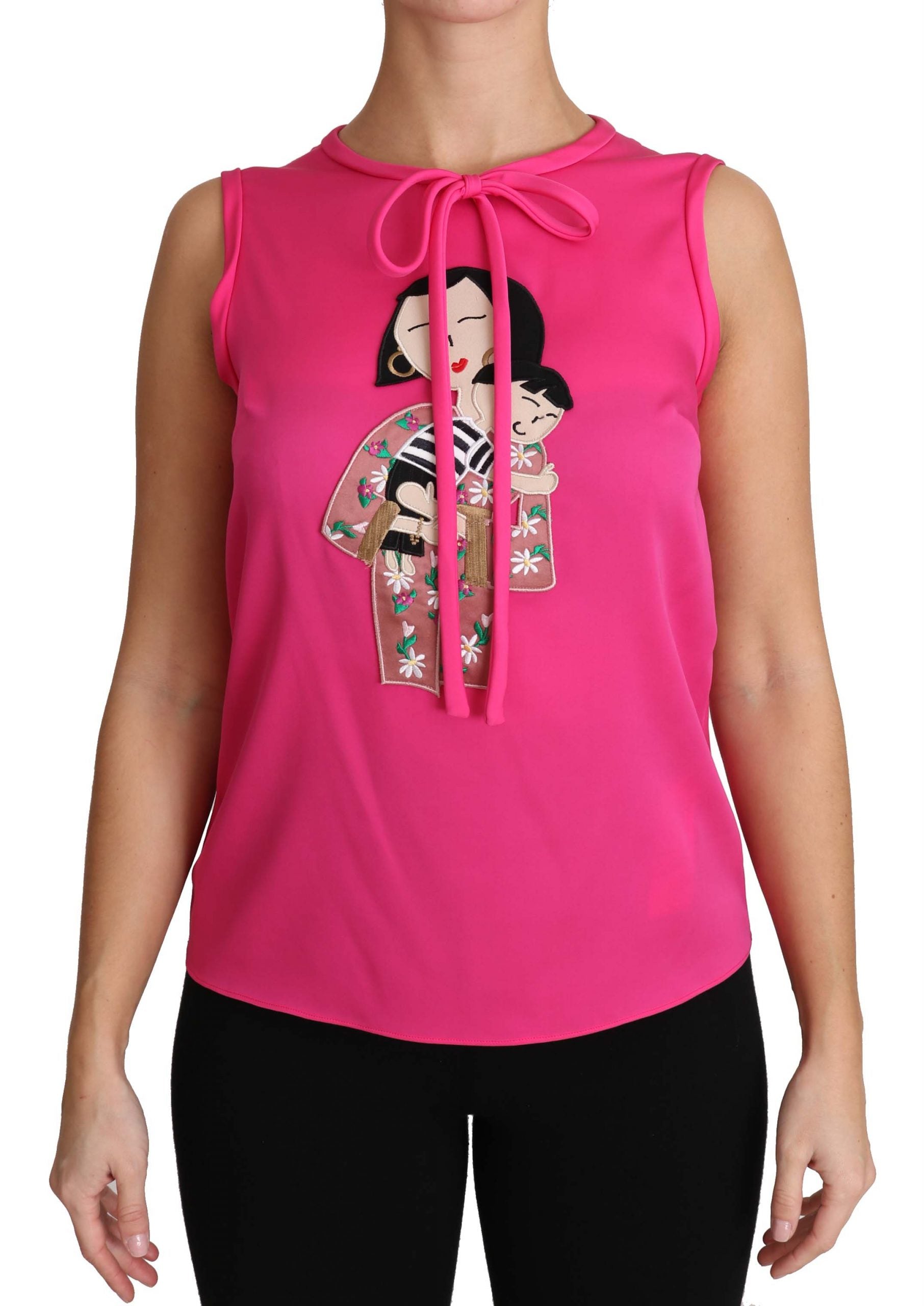 Pink silk Mama blouse by Dolce & Gabbana featuring a family-themed design and a sleeveless tank top style.
