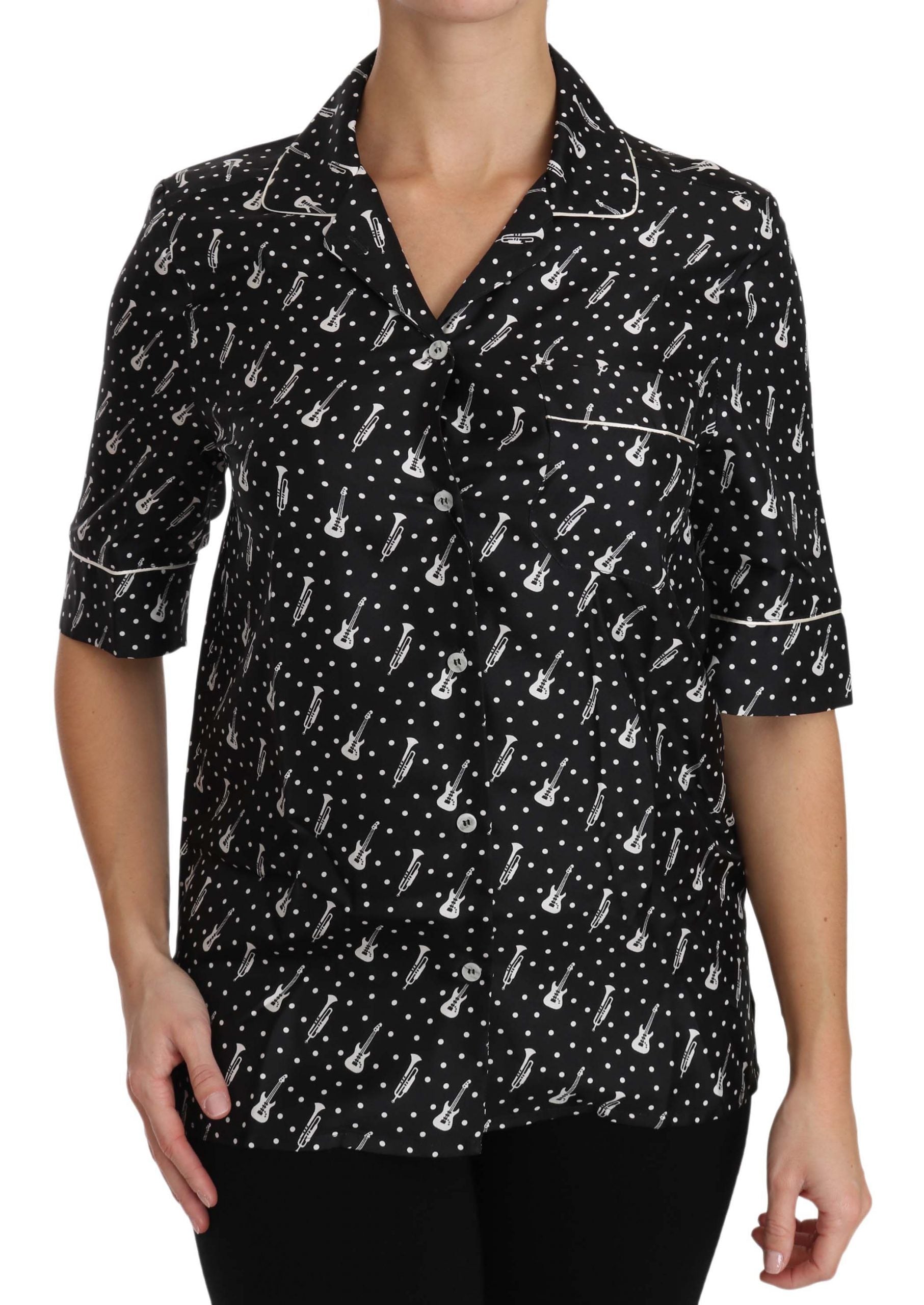 Black silk shirt top with guitar and trumpet print by Dolce & Gabbana, featuring a stylish, smooth fabric and classic collar.