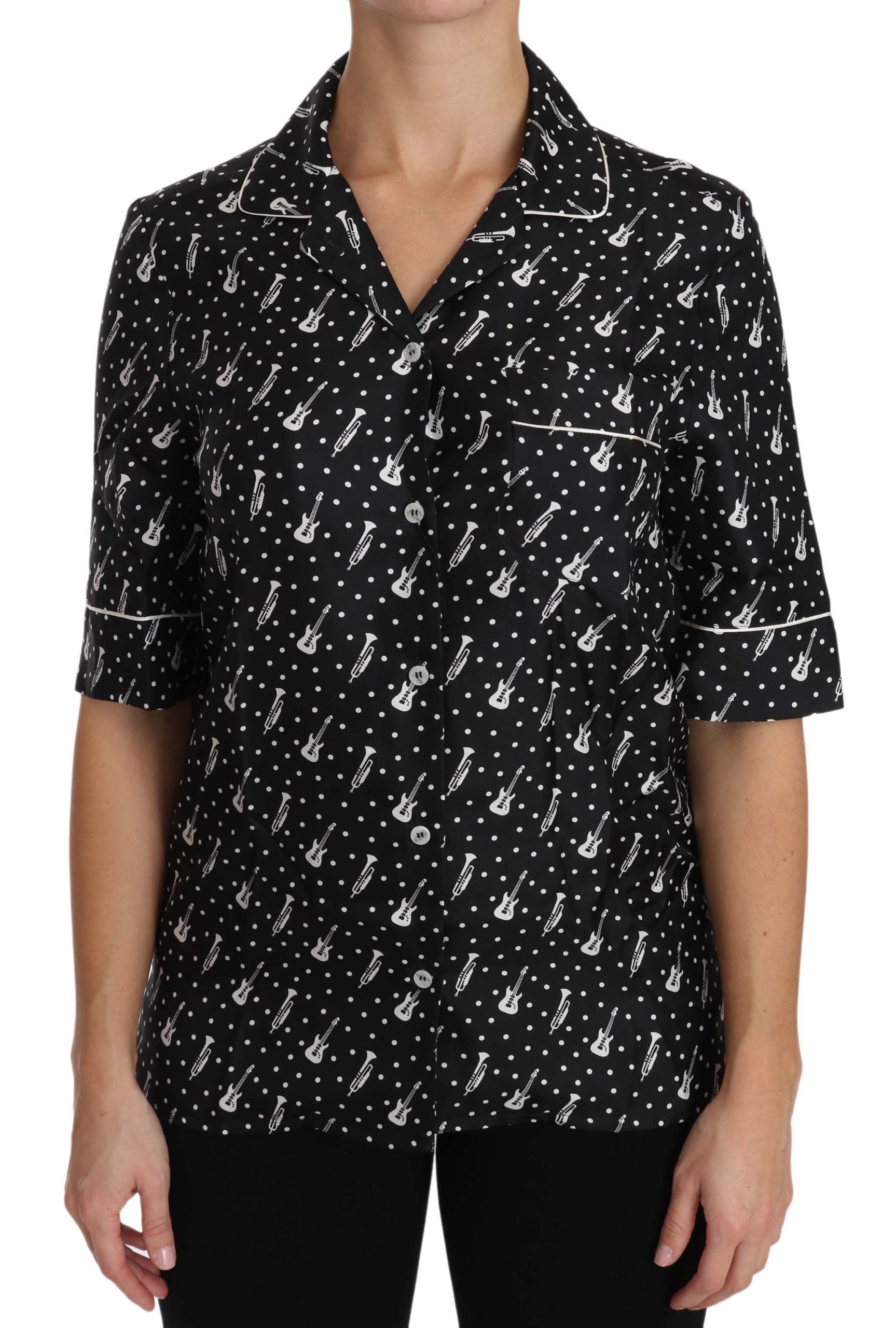 Black silk shirt top with trumpet print by Dolce & Gabbana, featuring a stylish, fitted design and elegant fabric details.